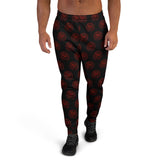  black jogger-style pants with a repeating red circular viking symbol pattern