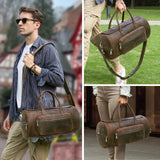 Collage of a man holding a brown leather duffel bag in various settings.