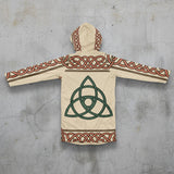 A hooded long-sleeve top laid flat on a white background, featuring a beige base with brown and red Celtic knot patterns along the hood, sleeves, shoulders, and hem, plus a large green triquetra symbol on the chest.