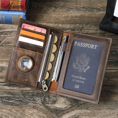 Leather Passport Wallet with Airtag Case – RFID Blocking & Travel Organizer Wallets & Money Clips Viking Warriors