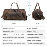 Brown leather duffel bag with measurements and product details on a white background