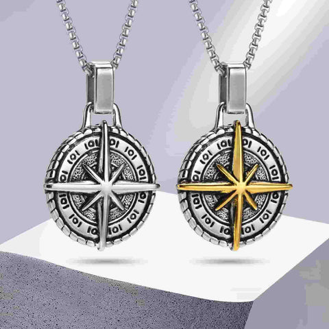 Men's Stainless Steel Ship's Wheel Compass Pendant Necklace
