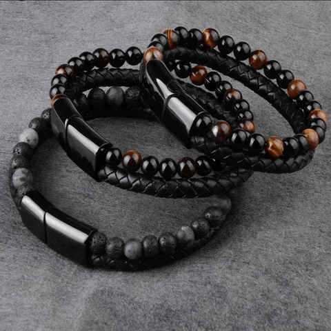 Natural Stone Leather Beaded Bracelet Bracelets Viking Warriors