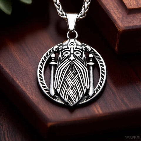 Odin Face Double Sword Pendant Necklace Viking Warriors
