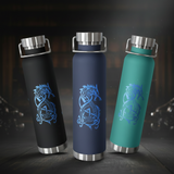 Three insulated water bottles with dragon designs on a dark background