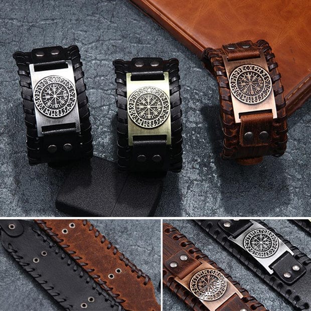 Bracelet Viking En Cuir Marron Avec Pendentif Boussole - Ajustable - Neuf Sans Emballage