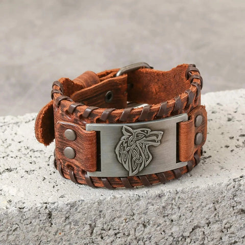 Viking Wolf Head Leather Bracelet Wristbands Viking Warriors